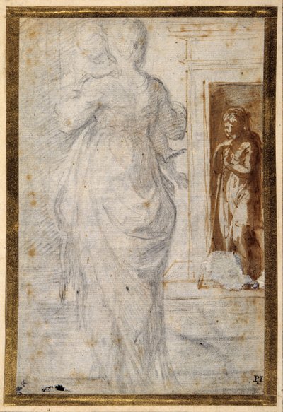 Bagfra af en kvinde, der bærer et barn; en mand, der læner sig op ad sin stav, venter i en døråbning (sort kridt med kuglepen & brunt blæk & sløjfevask på hvidt papir) af Parmigianino
