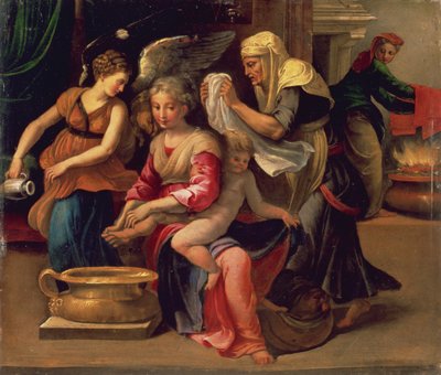 Badning af en baby (olie på panel) af Parmigianino