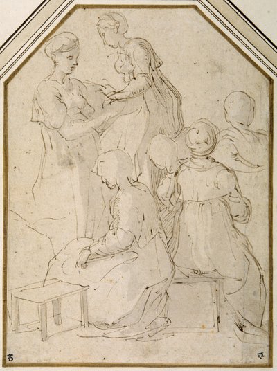 Hjemmegruppe, to stående kvinder og fire siddende (pen og brunt blæk med lysebrun vask på hvidt papir) af Parmigianino