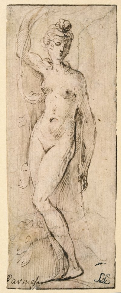 Kvindefigur - studie for Santa Maria della Steccata, Parma (recto) af Parmigianino