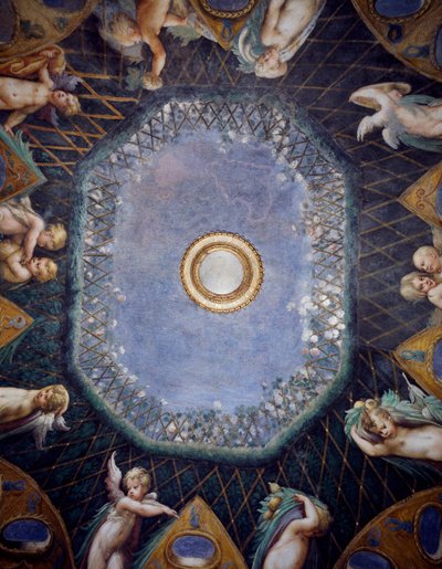 Putti og glimt af himlen, omkring 1524, af Francesco Mazzola, kendt som Parmigianino (1503-1540), freskomaleri, hvælving af Room of Diana og Actaeon, Rocca Sanvitale, Fontanellato, nær Parma, Emilia-Romagna, Detail, Italien af Parmigianino