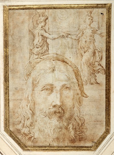 Selvportræt, pålagt forundersøgelser for to canephori af Steccata (pen & brunt blæk på hvidt papir) af Parmigianino