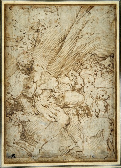 Hyrdedreng, der holder en pibe, hviler under et træ med sin hund blandt deres flok (pen og brunt blæk på papir) af Parmigianino