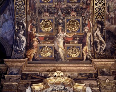 Tre af de fem skøre jomfruer. Detalje af Francesco Mazzolas (1503-1540) fresker, kendt som Parmigianino (Parmesan), der udsmykker hovedhvælvingen i det store kapel i Madonna della Steccata-kirken i Parma. af Parmigianino