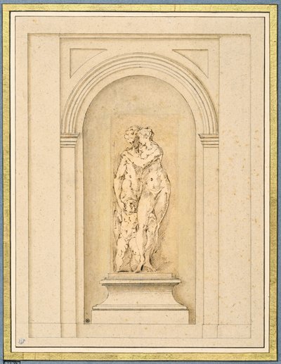 To figurer og en amor omgivet af en senere arkitektonisk ramme af Parmigianino