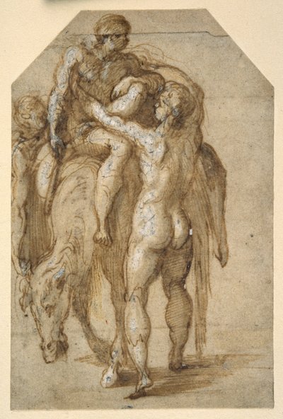 To nøgne mænd løfter en syg mand fra en træt hest (pen & brunt blæk med brun vask forhøjet med hvid kropsfarve på papir) af Parmigianino