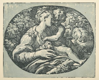 Jomfru og barn med spædbarnet Saint John (blæk (sort og blå-grøn) på papir) af Parmigianino