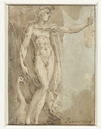 Mercury står i en niche med en violin og en ibis af Parmigianino