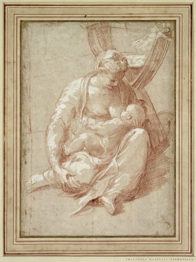 Jomfru sidder på jorden og ammer barnet af Parmigianino