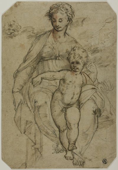 Jomfru og Barn (recto); Skitse af tre hellige og karikaturskitse (verso) af Parmigianino
