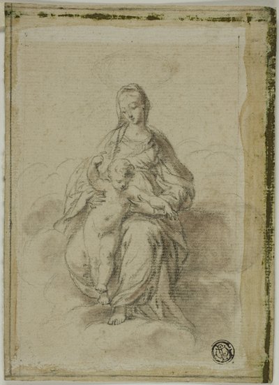 Jomfru og barn siddende på skyer af Parmigianino