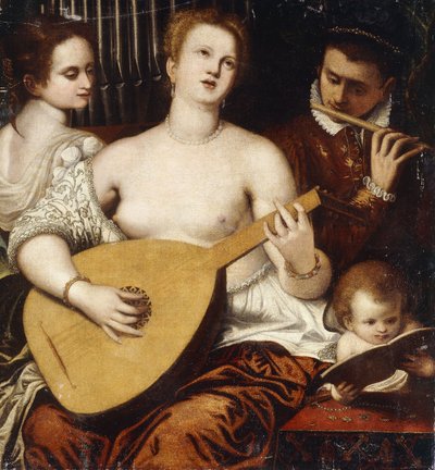 To piger og en ung, der laver musik, af Parrasio Micheli