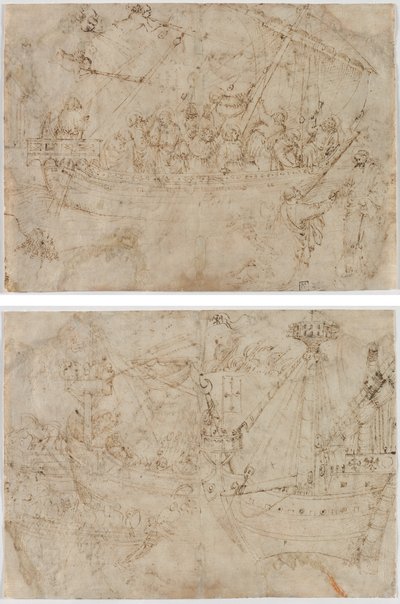 Navicella (recto) To tegninger af skibe (verso) af Parri Spinelli
