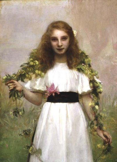 Portræt af en ung pige med blomster (olie på lærred) af Pascal Adolphe Jean Dagnan Bouveret