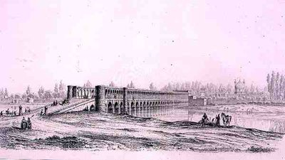 Allah Verdi Khan Bridge, i Isfahan, fra "Voyage Pittoresque" af Persien, graveret af Claude Sauvageot (1832-85) udgivet af Lemercier, Paris af Pascal Xavier (after) Coste