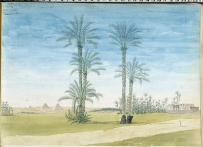 Egypten: "" Pyramids of Gyze (Guizeh, Guiseh, Giza) Tegning af Pascal Coste (1787-1879) Museum of Mediterranean Archaeology, Marseille af Pascal Xavier (after) Coste