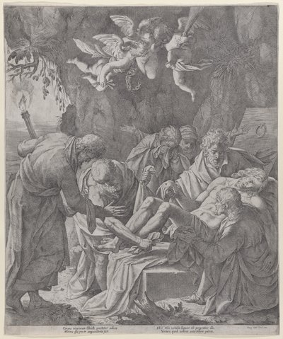 Kristus bliver lagt i graven, mens Jomfruen står og græder bagved, 1600-30., 1600-30. af Pasquale Ottino