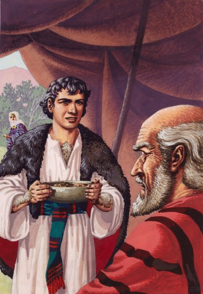 Jakob, verkleidet, bringt seinem Vater Isaak ein Gericht mit heißem Hirschfleisch von Pat (1907-95) Nicolle