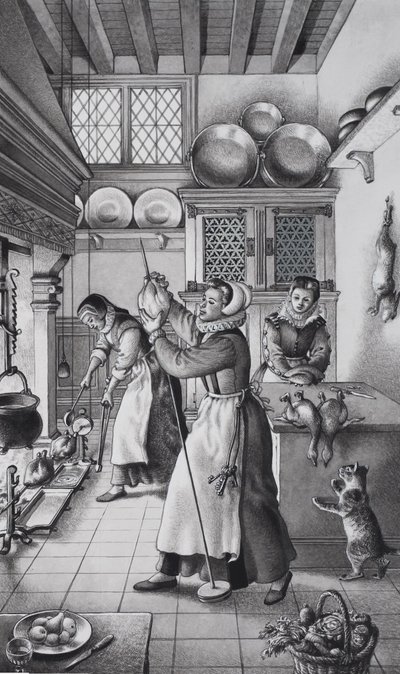 Køkken fra det 16. århundrede (gouache på papir) af Pat (1907-95) Nicolle