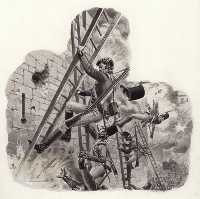 Britiske soldater under beskydning af franskmændene under angrebet på Badajoz (gouache på papir) af Pat (1907 95) Nicolle