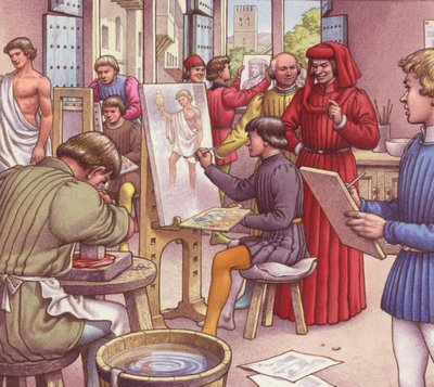 Lorenzo de Medici besøger kunstnerskolen (gouache på papir) af Pat (1907 95) Nicolle