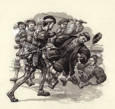 William Herbert angriber en uskyldig forbipasserende i Bristol (gouache på papir) af Pat (1907 95) Nicolle
