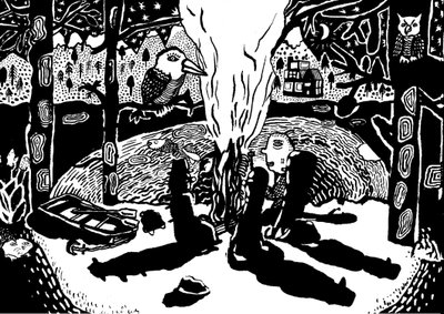 ild i skoven, 2014 (blæk og pensel) af Pat Macdonald