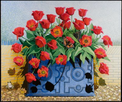 Getting There, 2011 (akryl på calico) blomster; tulipaner; stilleben; altankasse; tudse; frø; sommerfugle; af Pat Scott