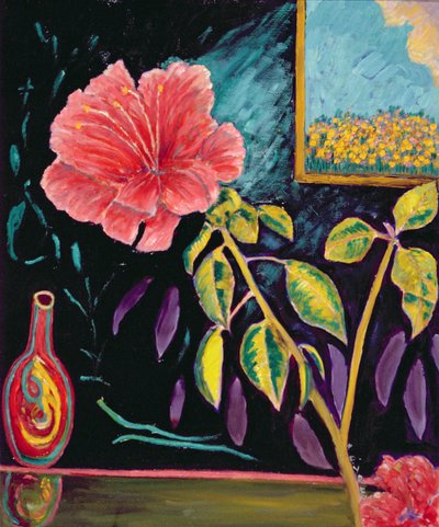 Hibiscus med vase (olie på hør) af Patricia Contemporary Artist Eyre