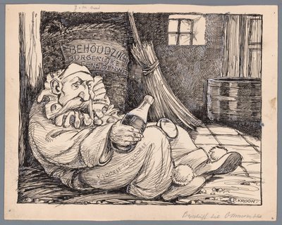 Baron van Voorst tot Voorst som karnevalsgænger Karneval eller de afskedigede civile pensionslove (titel på objekt) af Patricq Kroon (signed by artist)