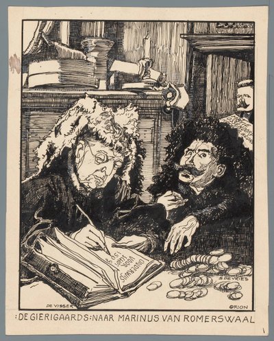 Ministrene De Visser og Simon de Vries som skatteopkræverne The Misers: efter Marinus van Romerwaal (titel på objekt) af Patricq Kroon (signed by artist)