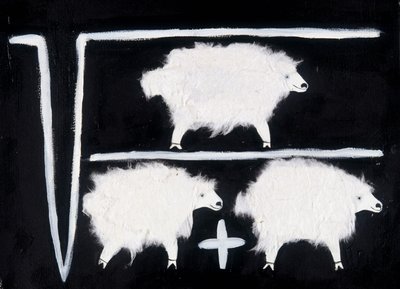 Kloning: Et matematisk symbol, der repræsenterer beregninger af kvadratrod, division og addition med får som forsøgskanin. Hvid bomuldscollage på sort baggrund. af Patrizia La Porta