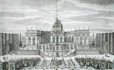 Den store grotte og fontænehaven ved Princely Pleasure Palace and Gardens, Berlin, indgraveret af Johann August Corvinus (1683-1738), udgivet ca. 1711-16 (gravering) af Paul Decker