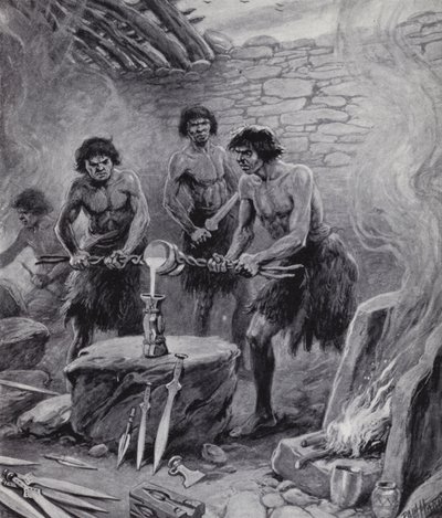 Mænd, der arbejder i et støberi i bronzealderen (litho) af Paul (after) Hardy