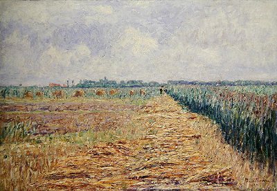 Et fladt hollandsk landskab under en sommerhimmel med klare hvide skyer, ca. 1890 (olie på lærred) af Paul Baum