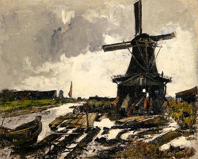 Holland, et kanallandskab med en vindmølle af træsav, ca. 1885 (olie på lærred) af Paul Baum