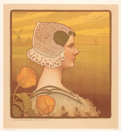 Portræt af dronning Wilhelmina i traditionel dragt Sa très yndefulde majeste la reine Wilhelmine (titel på objekt) af Paul Berthon