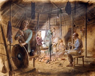 Inde i et jernalderhus, c5. århundrede f.Kr., c1990-2010 af Paul Birkbeck