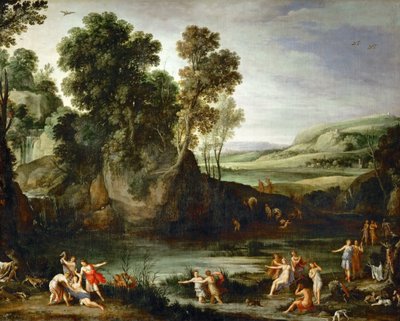 Fransk:  Diane découvrant la grossesse de Callisto Landskab med Diana, der opdager Callistos graviditet af Paul Bril