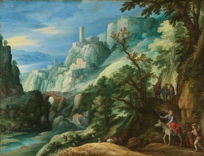 Italiensk bjerglandskab med vejen til Emmaus af Paul Bril