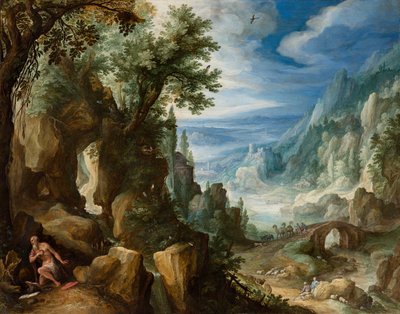 Bjerglandskab med Sankt Hieronymus af Paul Bril