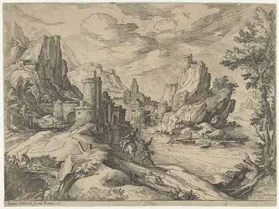 Klippekysten i Campania med by og rejsende af Paul Bril