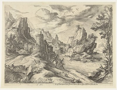 Klippekysten i Campania med by og rejsende af Paul Bril