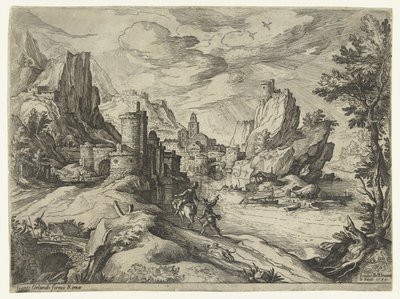 Klippekysten i Campania med by og rejsende af Paul Bril