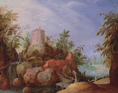 Fantastisk landskab med et vandfald og bro af Paul Bril