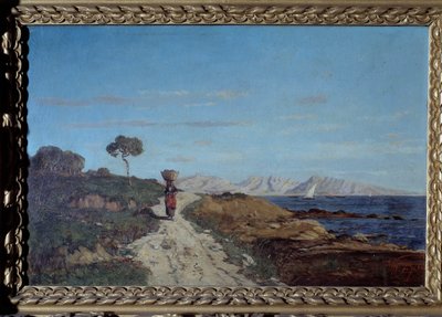 Omkring Marseille i 1866: Havlandskab med kvinde, der bærer en kurv på hovedet og går på en vej. Maleri af Paul Camille Guigou (1834-1871). 1866. Nysgerrig. Perigord Museum af Paul Camille Guigou