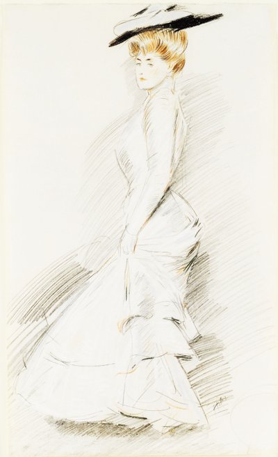 En elegant dame i en hvid kjole, af Paul Cesar Helleu