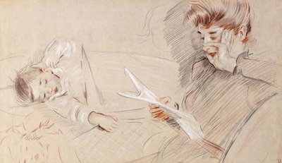 Madame Helleu Reading, med Paulette liggende ved siden af hende på en sofa, af Paul Cesar Helleu