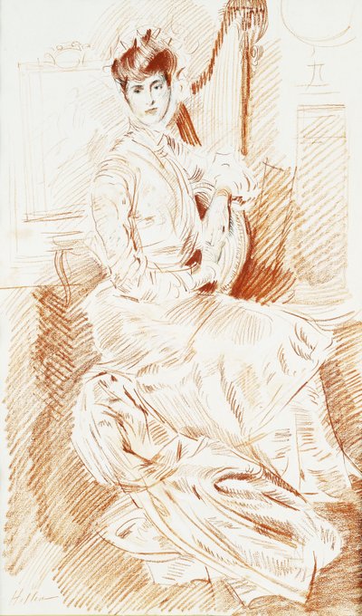 Madame Helleu siddende ved en Harpe, af Paul Cesar Helleu