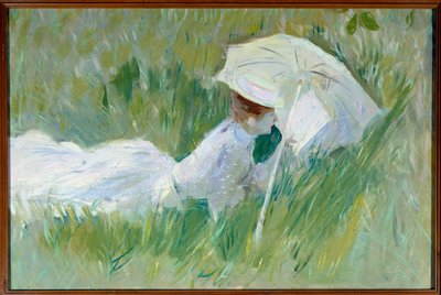 Portræt af Madame Helleu, malerens hustru, i græsset Maleri af Paul Cesar Helleu (1859-1927) før 1927, olie på lærred, Dim. 0,54x0,81 m Rouen, musee des Beaux Arts - Portræt af Madame Helleu, malerens hustru, liggende i græsset. Maleri b af Paul Cesar Helleu